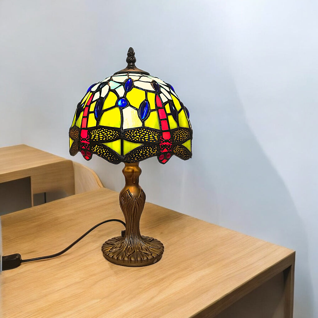 Classic Tiffany Style Table Lamp, 20cm Stained Glass Dragonfly Shade, 37cm Height, Orange (Blue Green)