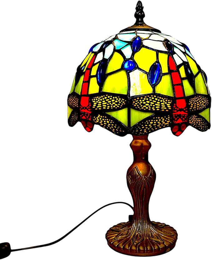 Classic Tiffany Style Table Lamp, 20cm Stained Glass Dragonfly Shade, 37cm Height, Orange (Blue Green)