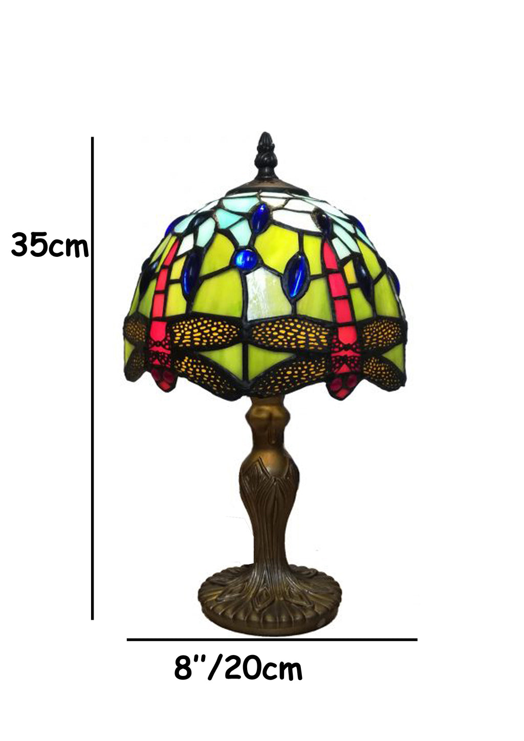 Classic Tiffany Style Table Lamp, 20cm Stained Glass Dragonfly Shade, 37cm Height, Orange (Blue Green)