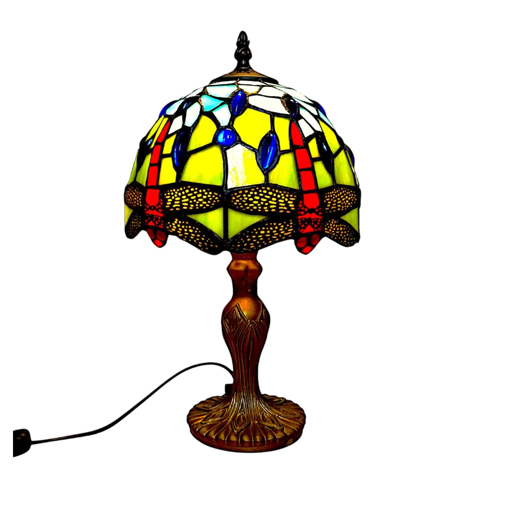 Classic Tiffany Style Table Lamp, 20cm Stained Glass Dragonfly Shade, 37cm Height, Orange (Blue Green)