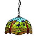 40cm Blue and Green Tiffany Shade with Red Dragonfly and colour jewels complete with an AB1 Brass Bulbholder Pendant Set
