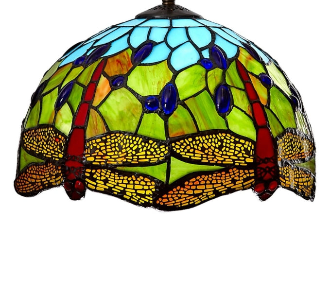 30cm Blue and Green Tiffany Shade with Red Dragonfly and colour jewels