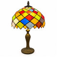 Loxton Lighting Multicolour Patchwork Tiffany Glass Table Lamp | 25cm Diameter Shade, 41cm Height, Antique Brass Finish, Inline Switch, UK 3-Pin Plug