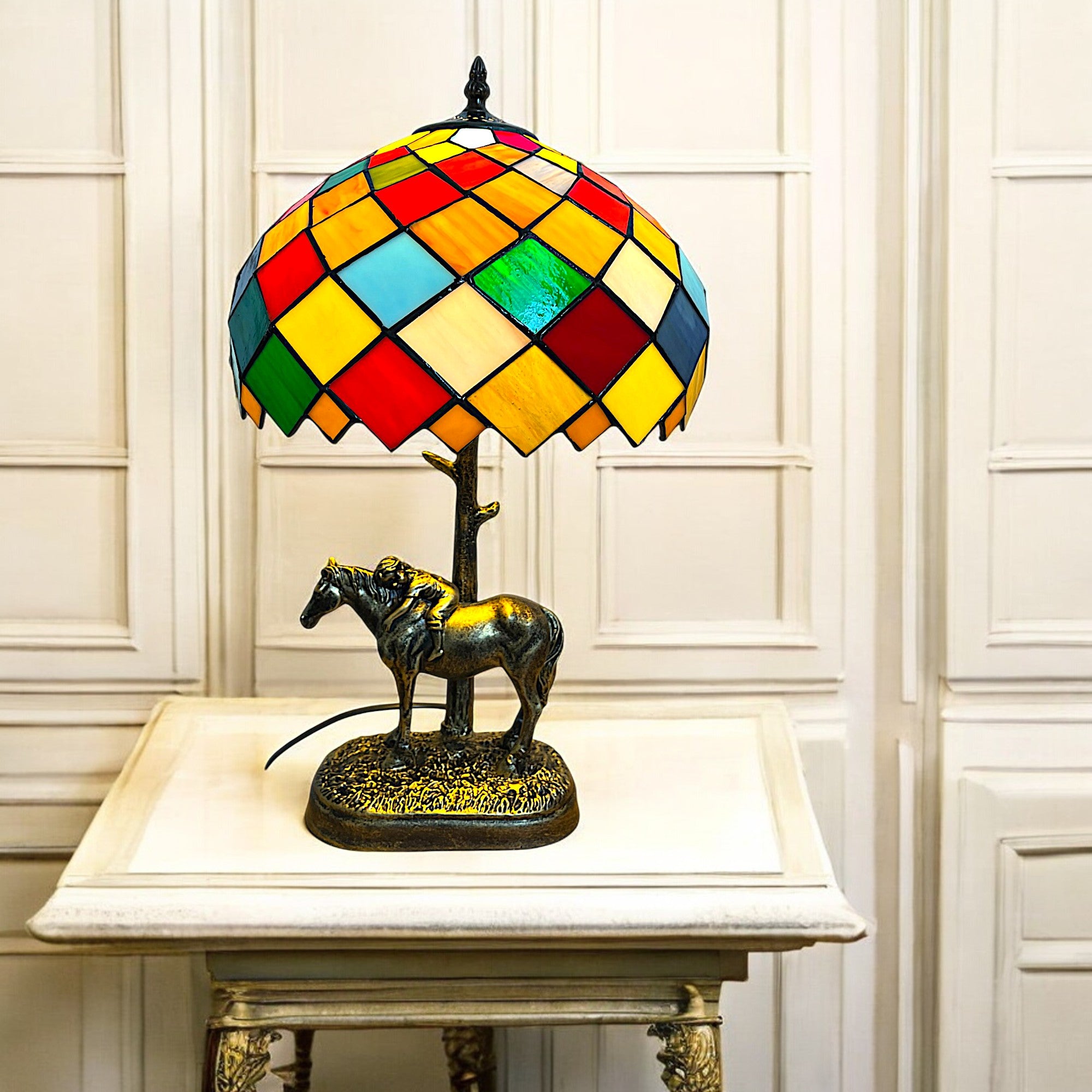 Multi Colour Tiffany Table Lamp with Horse Base, 30cm Diameter Shade, 50cm Height, UK Plug [Energy Class A] (Copy)