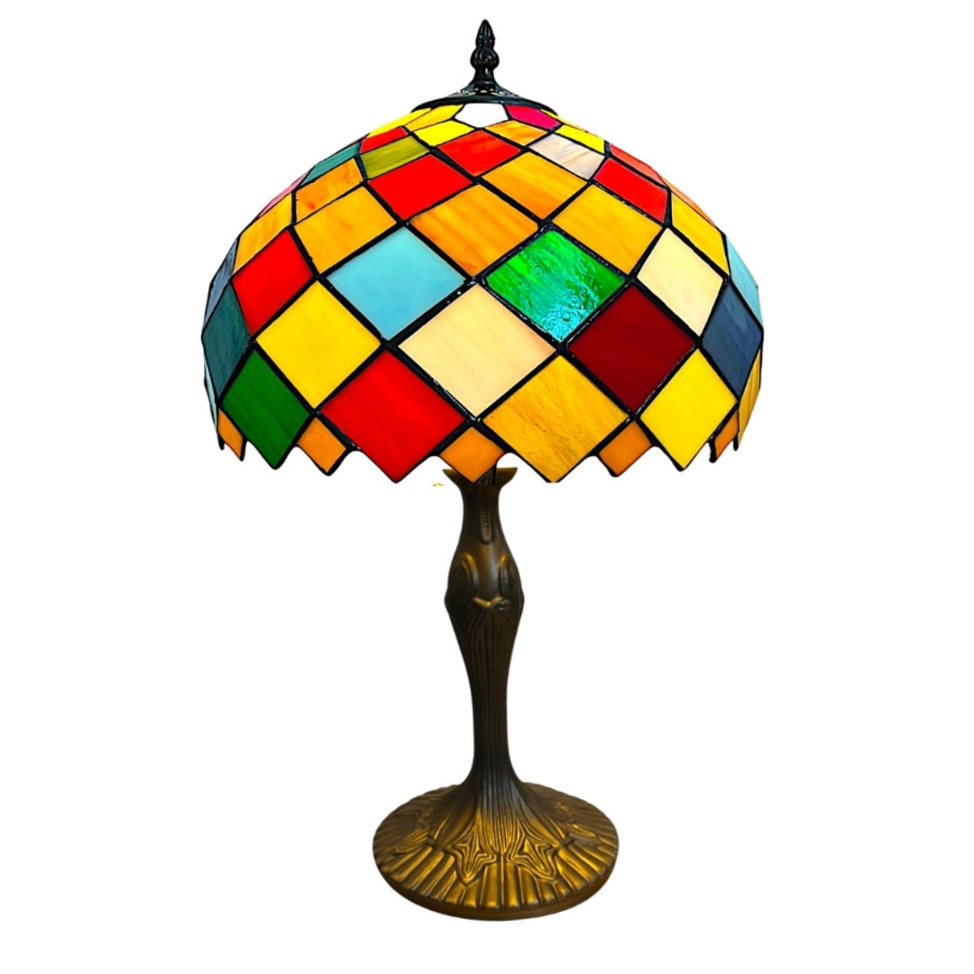 Tiffany Style Table Lamp, 49cm Height, Multicoloured Stained Glass Shade, Antique Bronze Base
