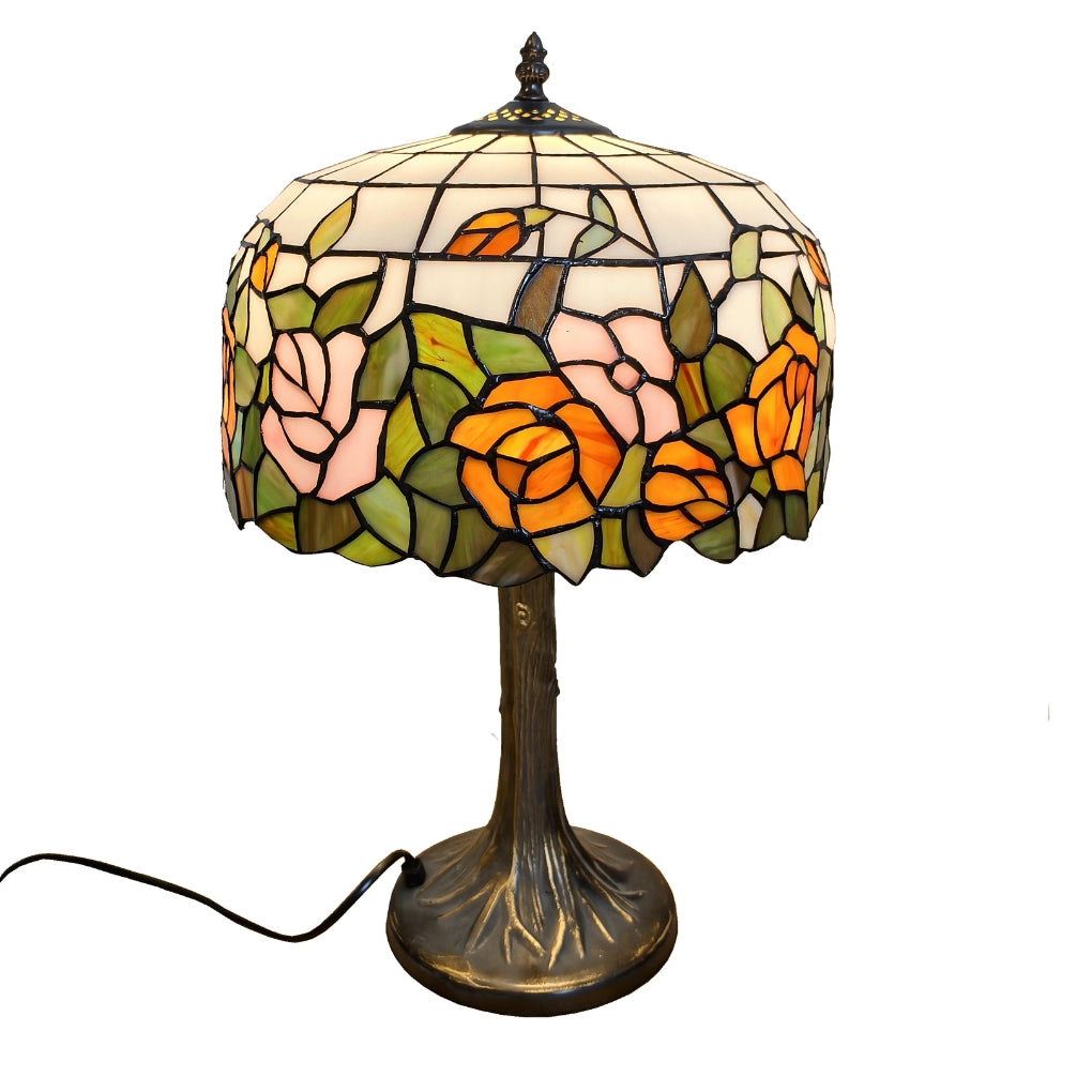 Tiffany Style Table Lamp, 49cm Height, Orange Rose Floral Design, Antique Aluminium Base