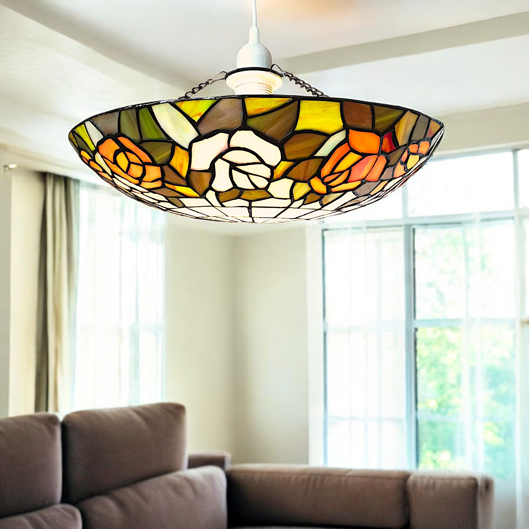 Tiffany Style Pendant Light, Floral Stained Glass Shade, 35cm Diameter, Orange and Pink Roses