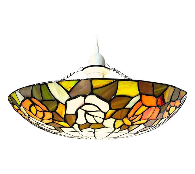 Tiffany Style Pendant Light, Floral Stained Glass Shade, 35cm Diameter, Orange and Pink Roses