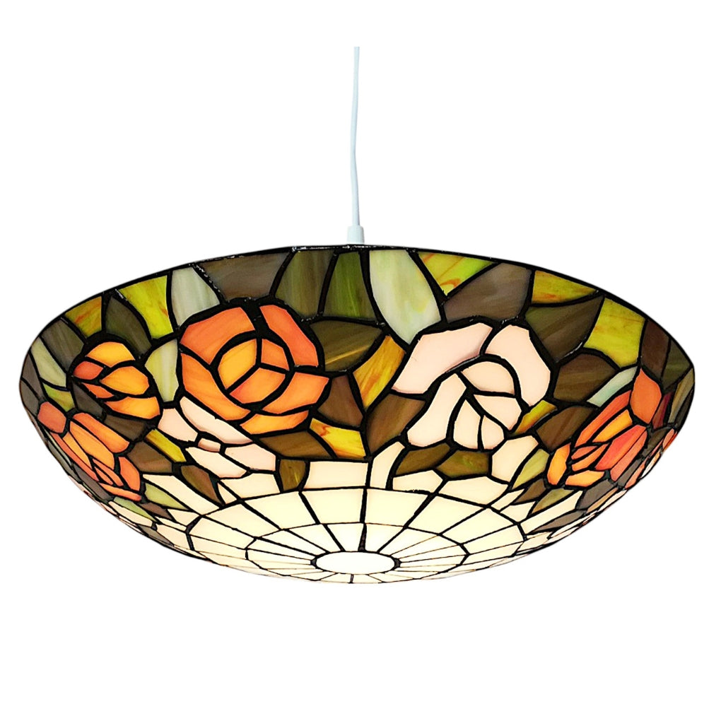 Tiffany Style Pendant Light, Floral Stained Glass Shade, 35cm Diameter, Orange and Pink Roses