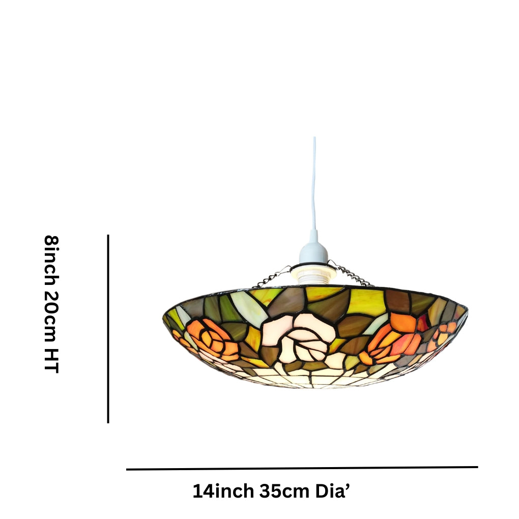 Tiffany Style Pendant Light, Floral Stained Glass Shade, 35cm Diameter, Orange and Pink Roses