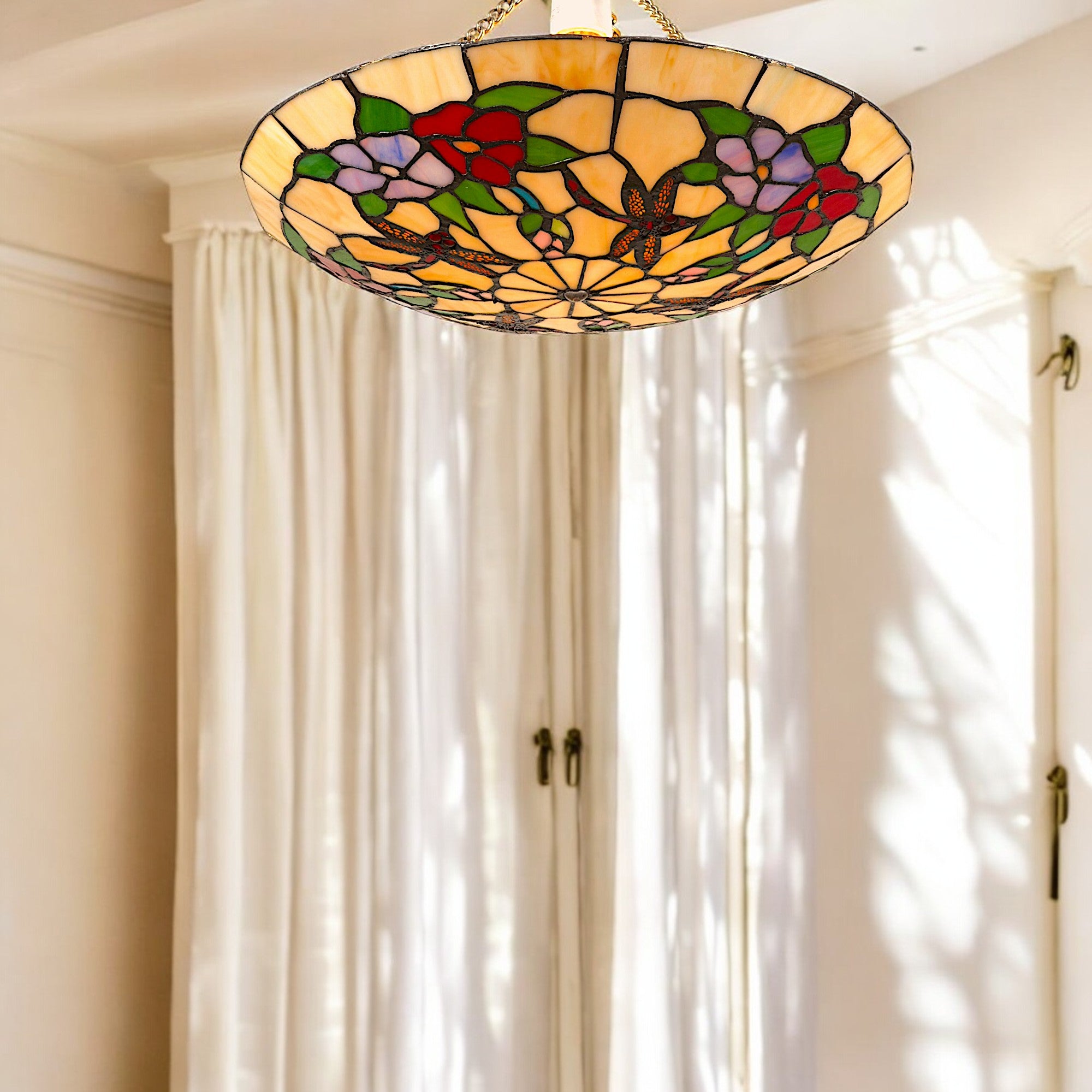 35cm Dia' Tiffany EasyFit Floral Dragonfly Uplighter - Beige, Red, Lilac and Green Stained Glass - Perfect for bedrooms, Living Rooms and hallways