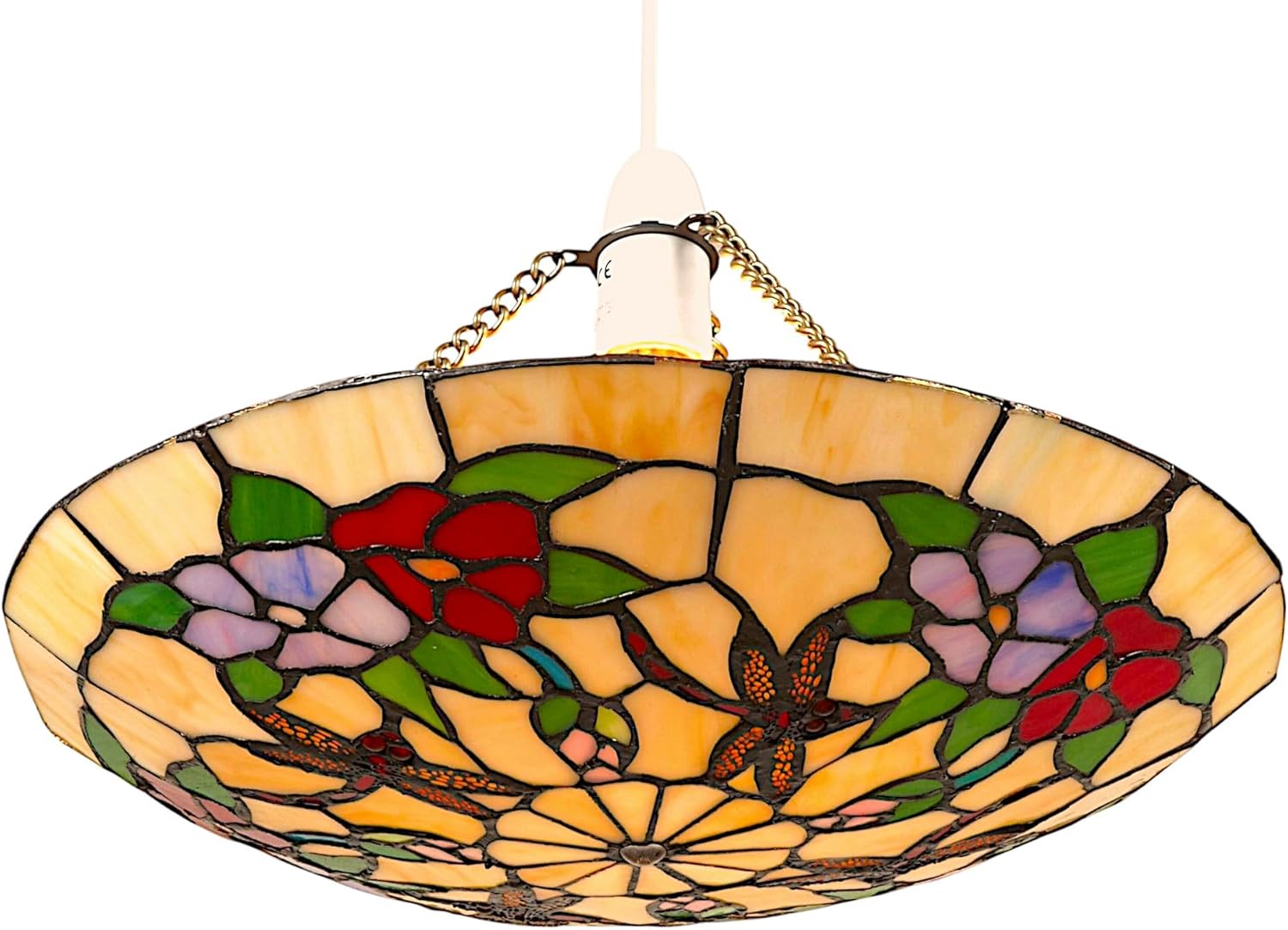 35cm Dia' Tiffany EasyFit Floral Dragonfly Uplighter - Beige, Red, Lilac and Green Stained Glass - Perfect for bedrooms, Living Rooms and hallways
