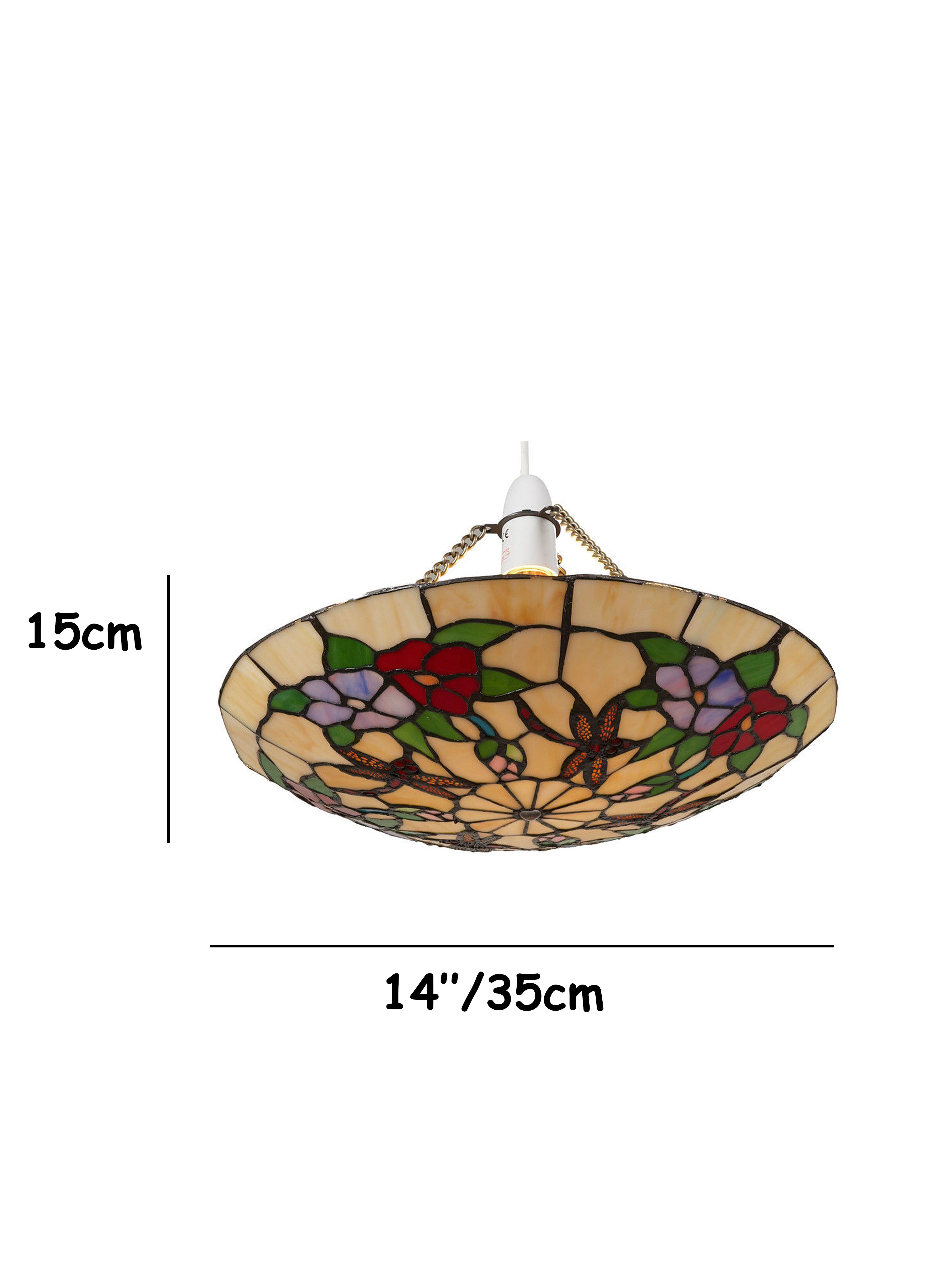 35cm Dia' Tiffany EasyFit Floral Dragonfly Uplighter - Beige, Red, Lilac and Green Stained Glass - Perfect for bedrooms, Living Rooms and hallways