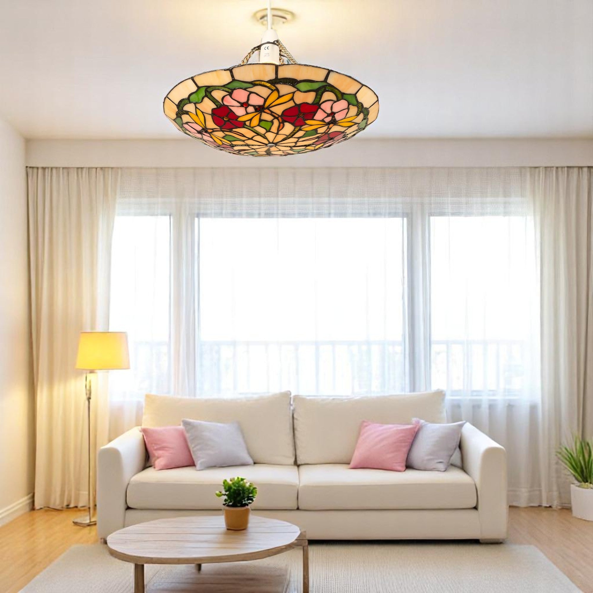 Stained Glass Tiffany Easy-Fit Floral Dragonfly Uplighter Pendant - Stained Glass (PM49UPL)