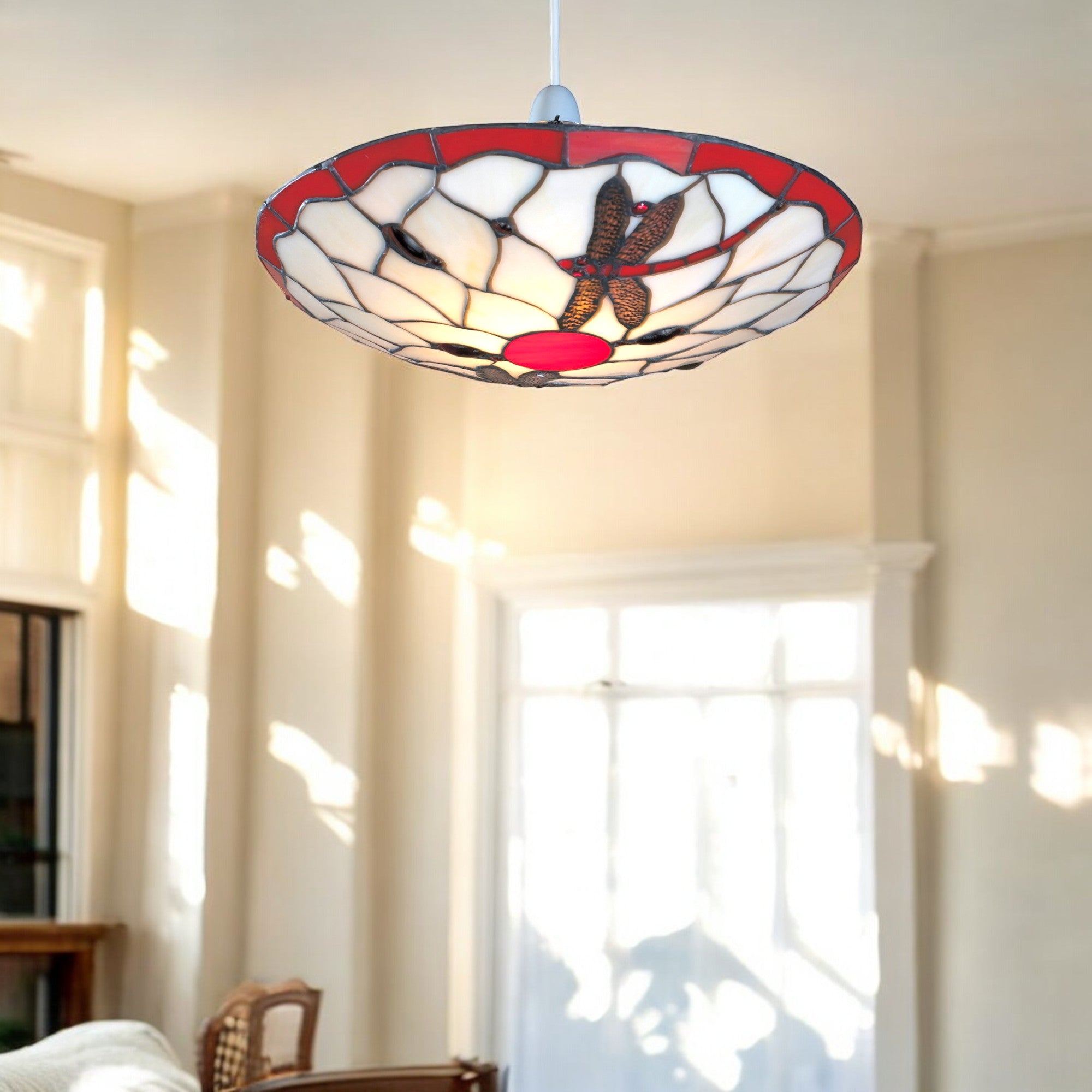 Stained Glass Tiffany Easy-Fit Dragonfly Uplighter Pendant Ceiling Lampshade (Red and Beige)