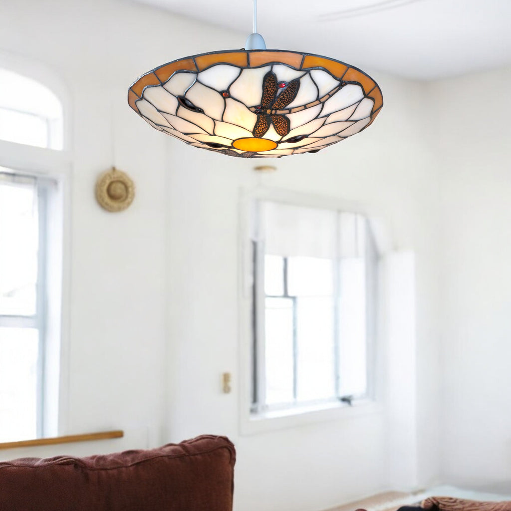 Stained Glass Tiffany Easy-Fit Dragonfly Uplighter Pendant Ceiling Lampshade (Brown and Beige)