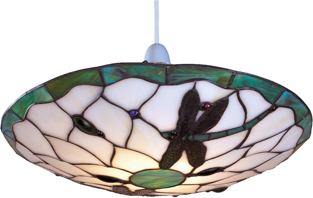 Stained Glass Tiffany Easy-Fit Dragonfly Uplighter Pendant Ceiling Lampshade (Green and Beige)