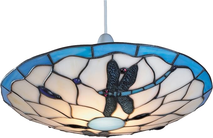 Stained Glass Tiffany Easy-Fit Dragonfly Uplighter Pendant Ceiling Lampshade (Blue and Beige)