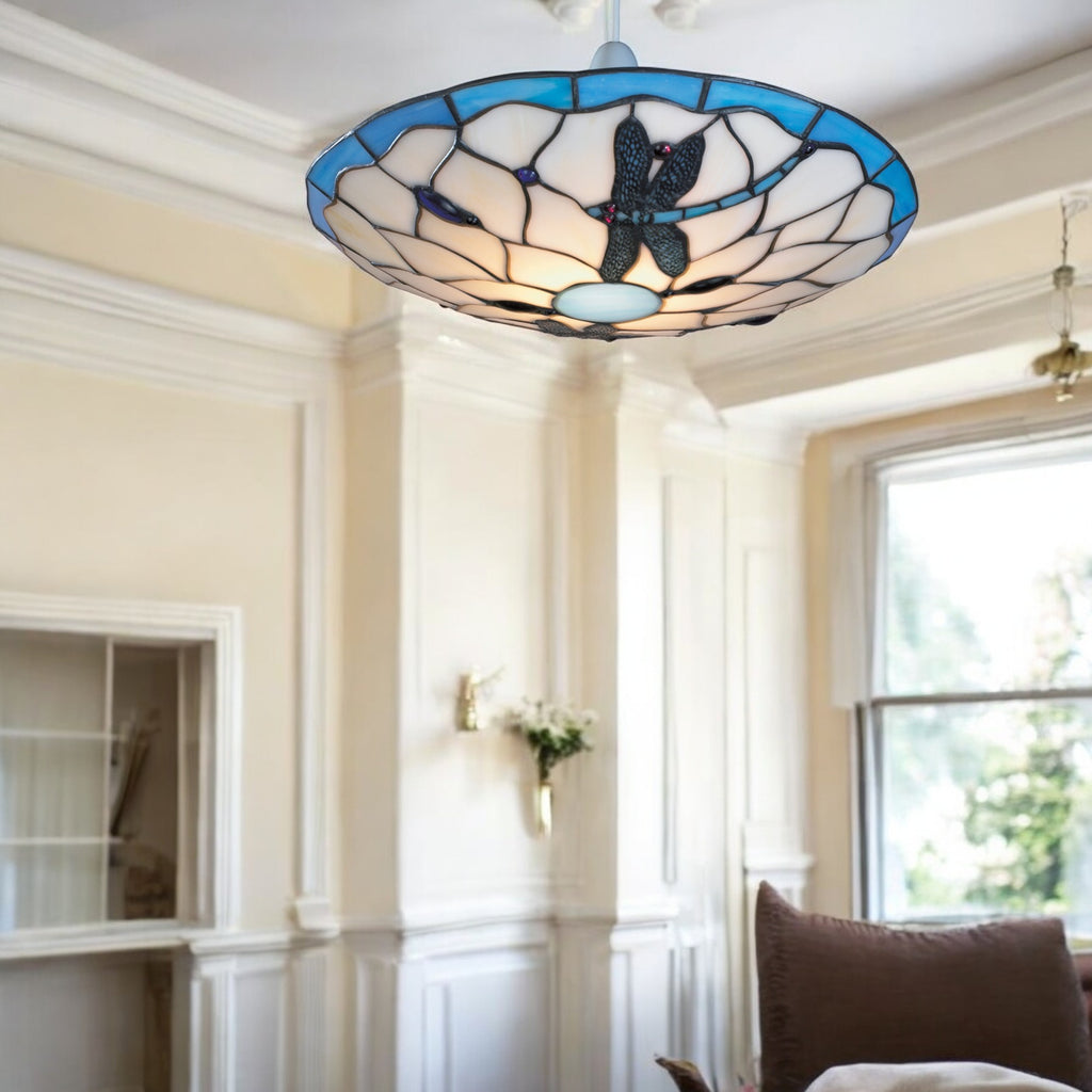 Stained Glass Tiffany Easy-Fit Dragonfly Uplighter Pendant Ceiling Lampshade (Blue and Beige)