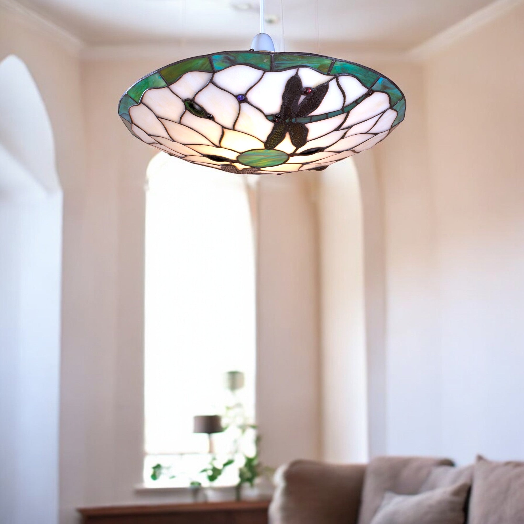 Stained Glass Tiffany Easy-Fit Dragonfly Uplighter Pendant Ceiling Lampshade (Green and Beige)