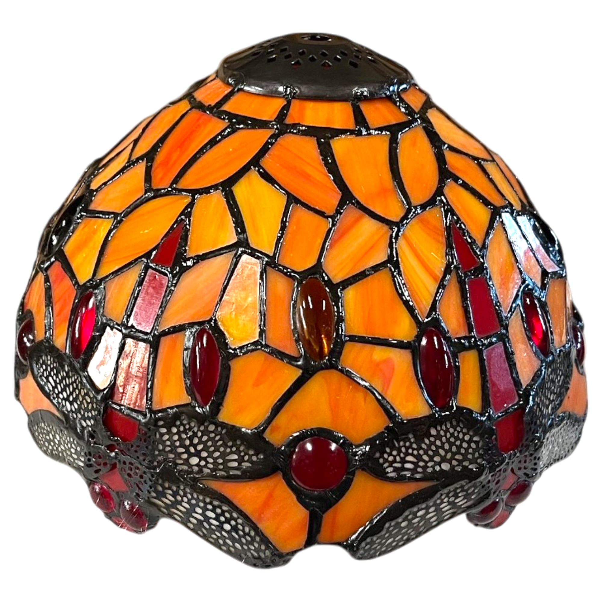 Tiffany Style Dragonfly Stained Glass Lampshade, 20 cm Diameter, Orange and Silver, 10 mm Ring (Shade Only)