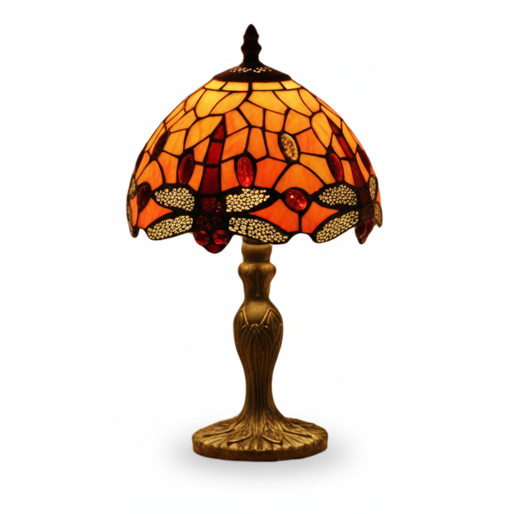 Classic Tiffany Style Table Lamp, 20cm Stained Glass Dragonfly Shade, 37cm Height - Orange