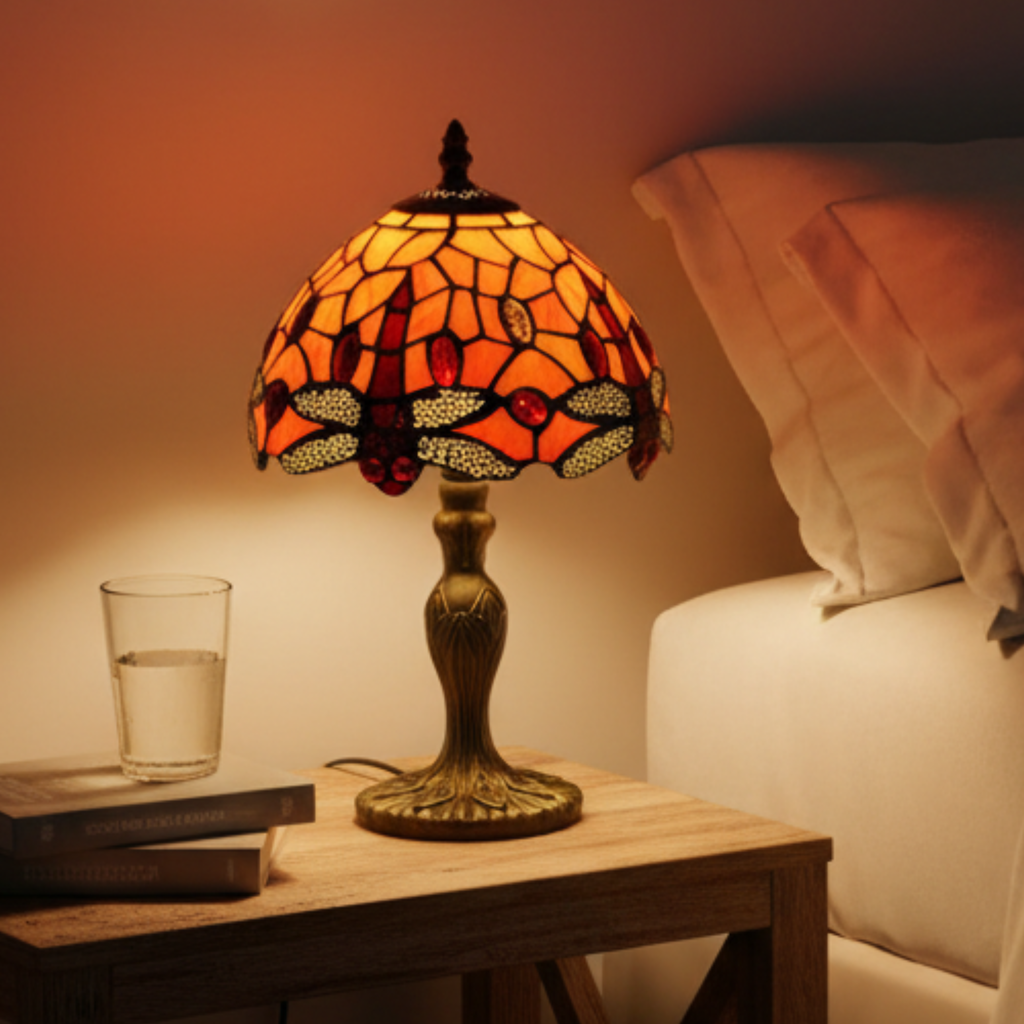 Classic Tiffany Style Table Lamp, 20cm Stained Glass Dragonfly Shade, 37cm Height - Orange