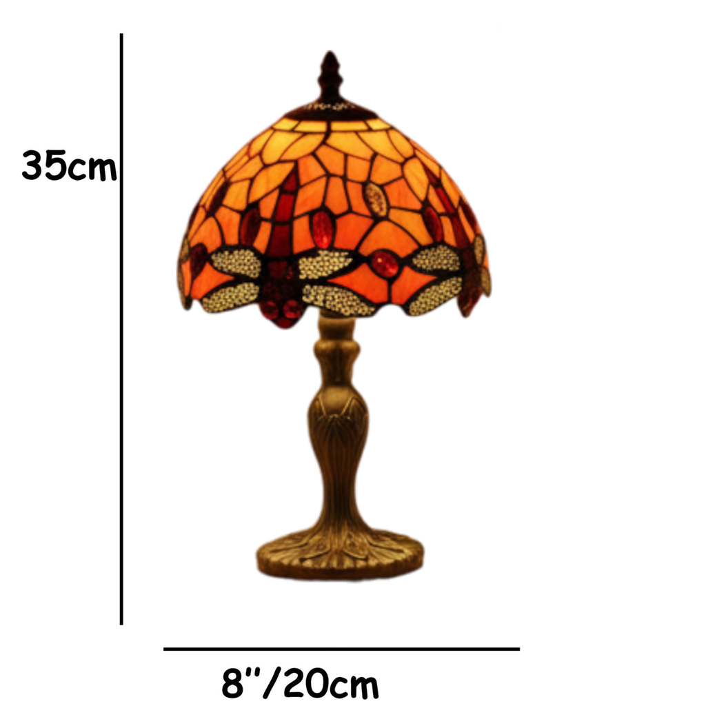 Classic Tiffany Style Table Lamp, 20cm Stained Glass Dragonfly Shade, 37cm Height - Orange