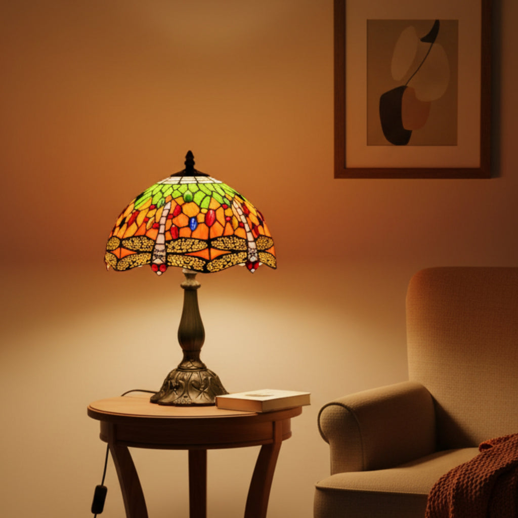 Loxton Lighting Classic Orange/Green Dragonfly Tiffany Stained Glass Table Lamp - 12 inch Diameter - Great for Living Rooms, Hallways, and Bedrooms