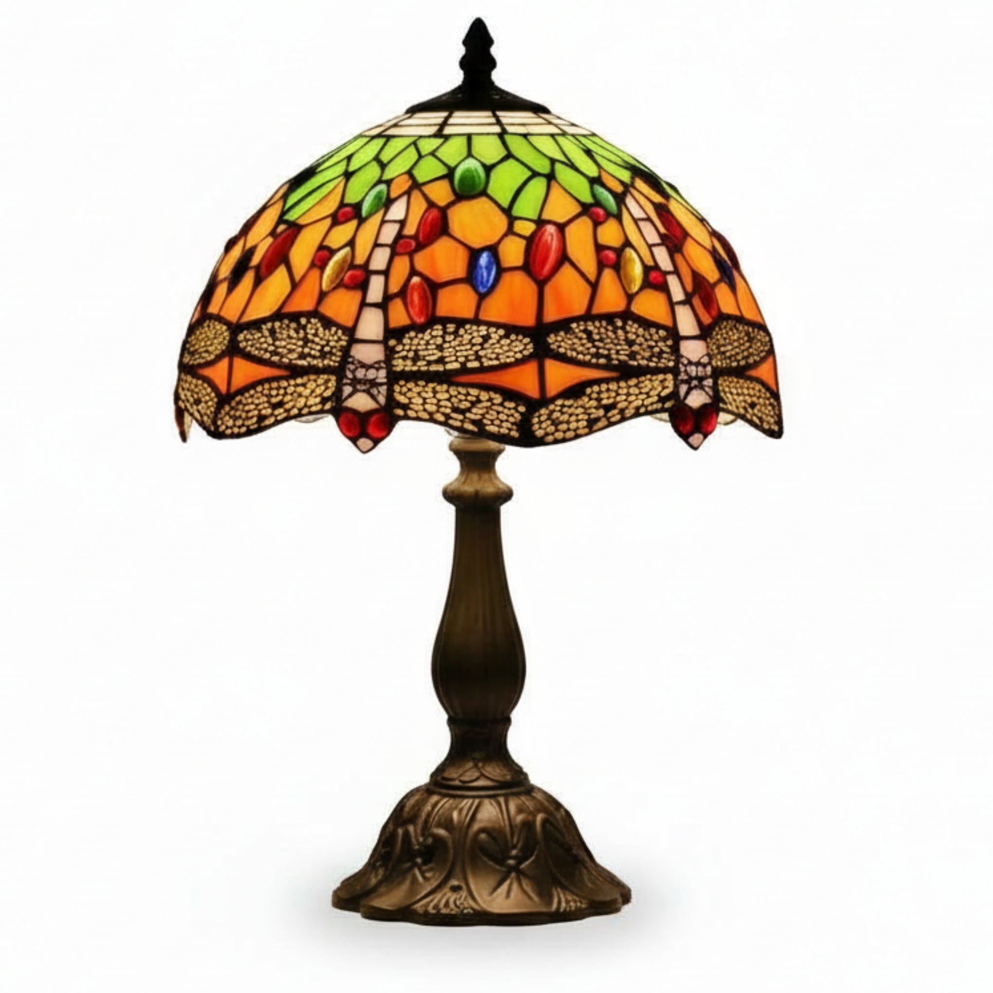 Loxton Lighting Classic Orange/Green Dragonfly Tiffany Stained Glass Table Lamp - 12 inch Diameter - Great for Living Rooms, Hallways, and Bedrooms