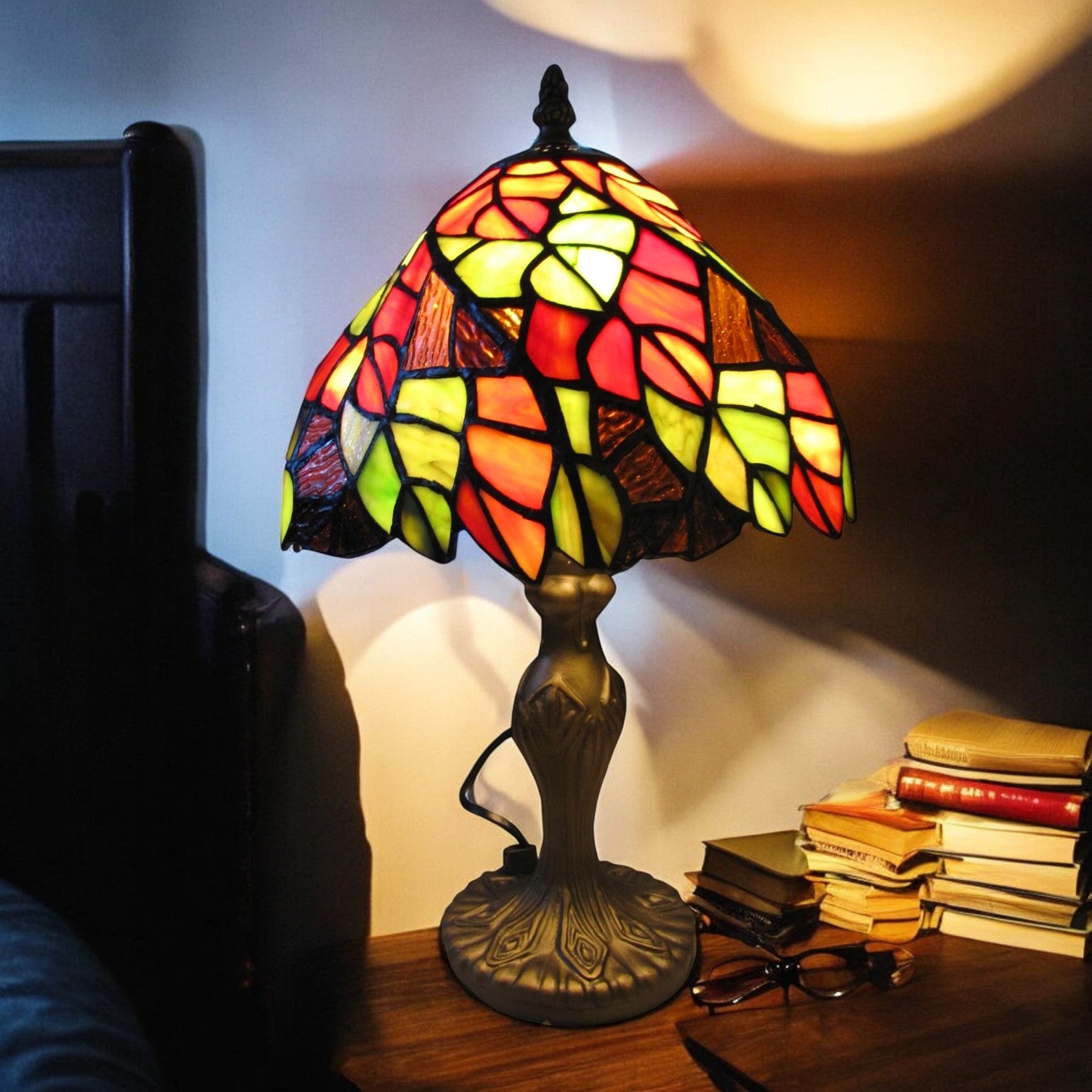 20cm Orange/Green Leaf Design Table Lamp, Brown