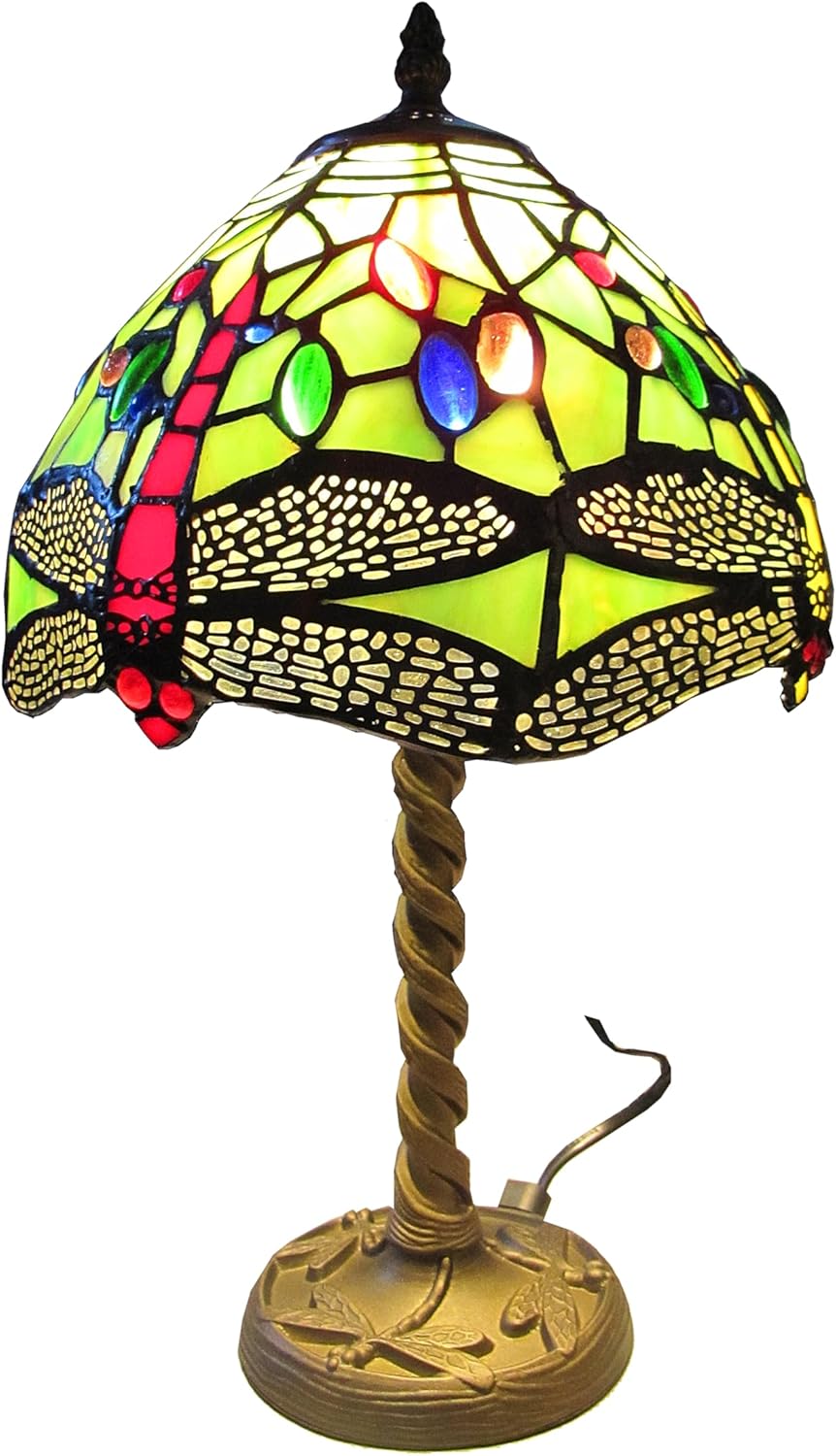 Tiffany Stained Glass Table Lamp Green Dragonfly with Coloured Jewels