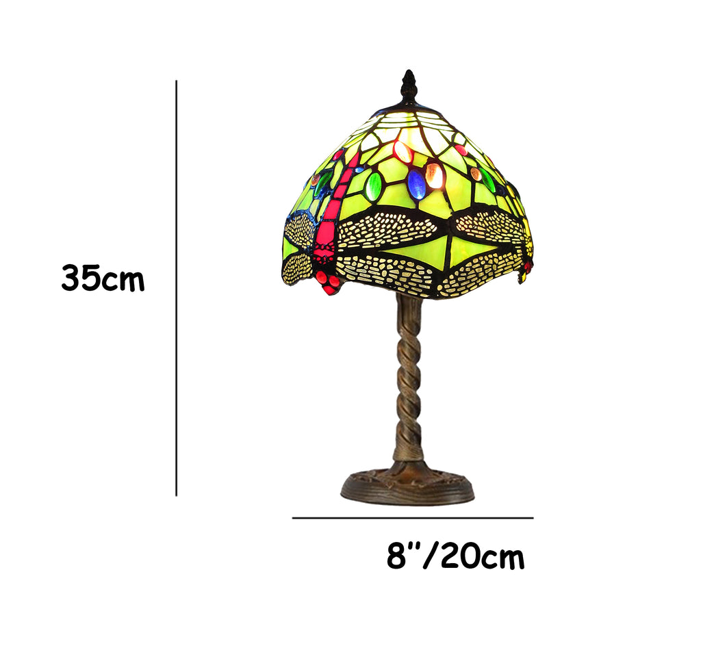 Tiffany Stained Glass Table Lamp Green Dragonfly with Coloured Jewels