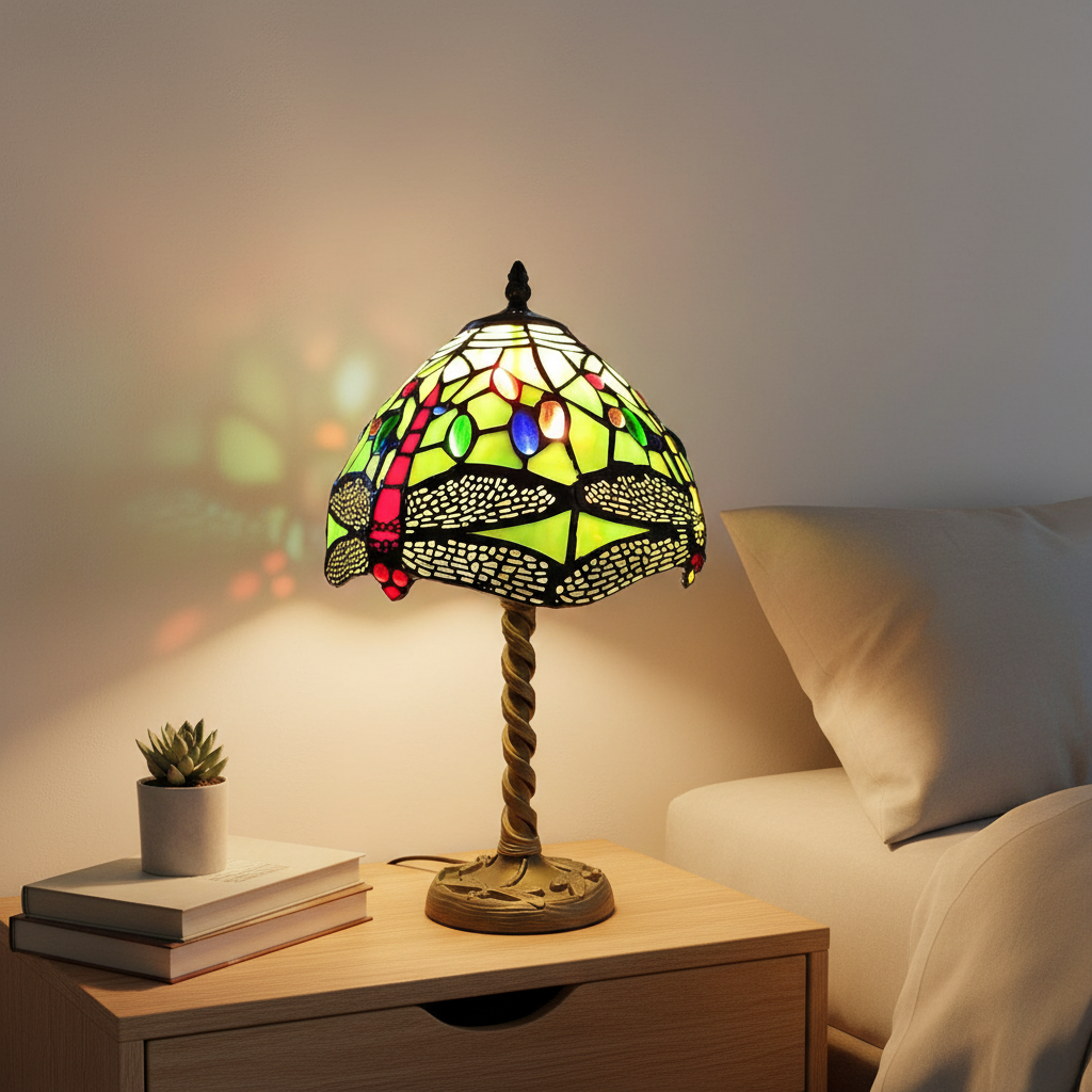 Tiffany Stained Glass Table Lamp Green Dragonfly with Coloured Jewels