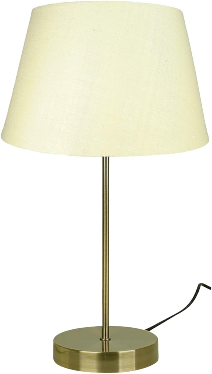 Antique Brass Finished Table Lamp with Chunky Base and Cream Cotton Drum Shade - for Bedrooms Living Rooms Side Tables