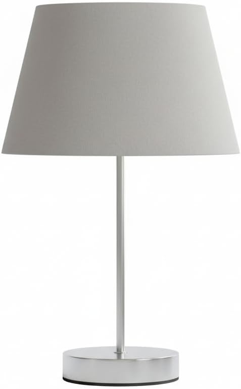 Modern Brushed Chrome Table Lamp with Cream Cotton Drum Shade