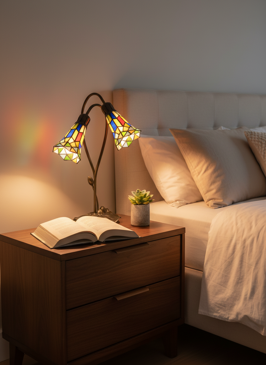 Loxton Lighting 2 Light Stained Glass Harlequin Lily Table Lamp (PML018SG-HARL)