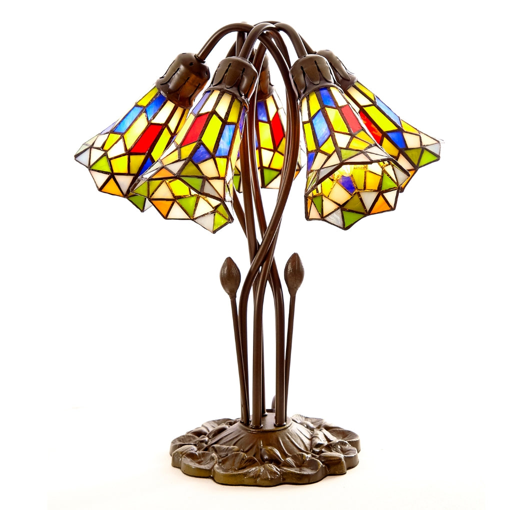 5 Light Pond Lily Tiffany Table Lamp Complete with Glass Shades - Harlequin