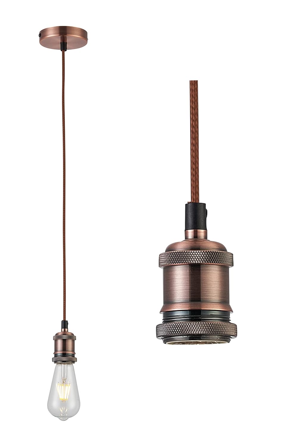 Copper Textile Braided Brown Wire Cable Suspension, E27 Bulb Holder and Ceiling Rose