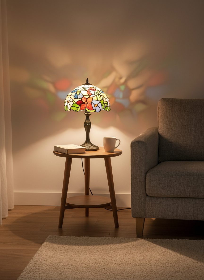 Classic Tiffany Stained Glass Table Lamp - 12 inch Diameter -  (Humming-Bird)