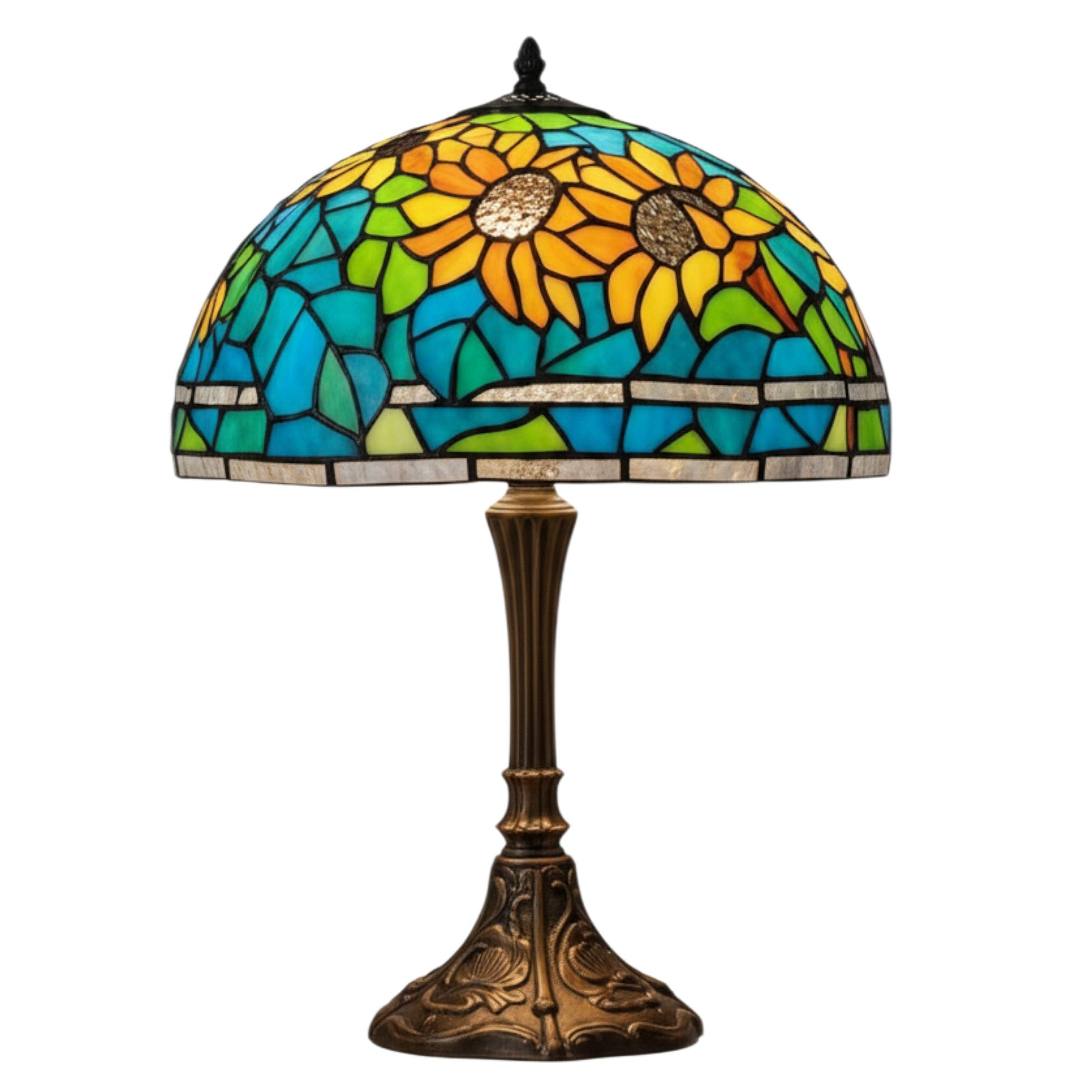 Classic Tiffany Stained Glass Table Lamp - 12 inch Diameter - (Blue and Yellow Leaf)