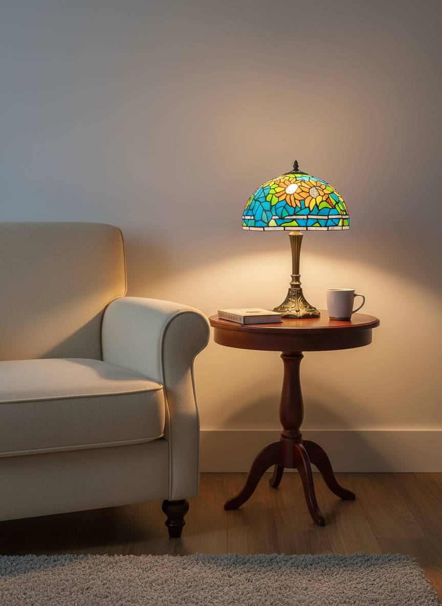 Classic Tiffany Stained Glass Table Lamp - 12 inch Diameter - (Blue and Yellow Leaf)