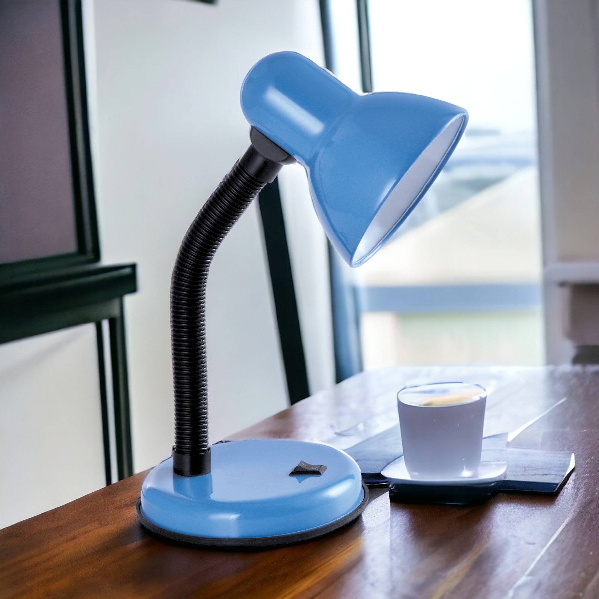 Classic Desk Lamp with a Versatile Flexible Neck, and Integral On/Off Switch, Mains UK Plug, Height 31cm, Ideal for Offices, Desks, and Bedside Lamps – [Energy Class A] (Blue)