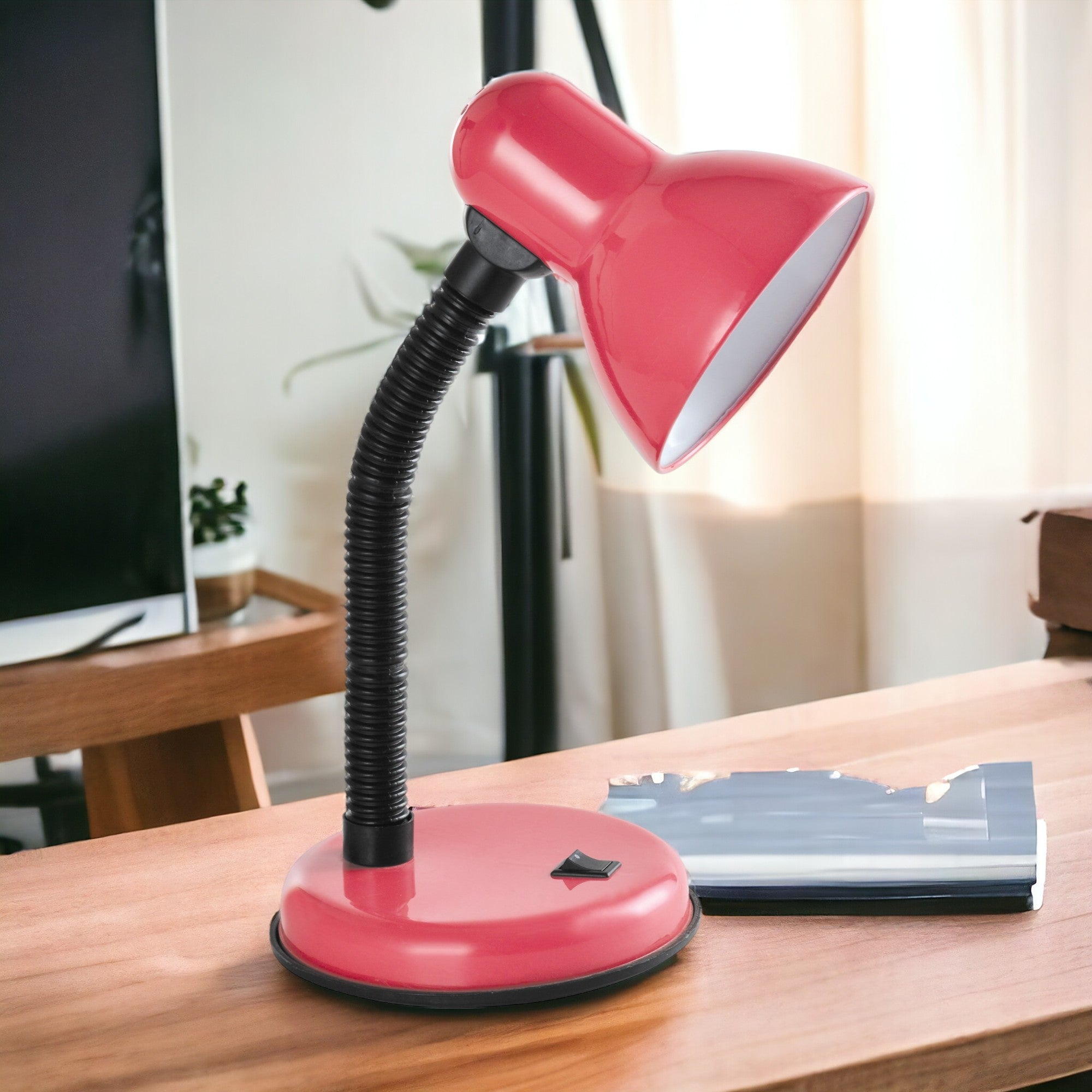 Classic Desk Lamp with a Versatile Flexible Neck, and Integral On/Off Switch, Mains UK Plug, Height 31cm, Ideal for Offices, Desks, and Bedside Lamps – [Energy Class A] (Pink)