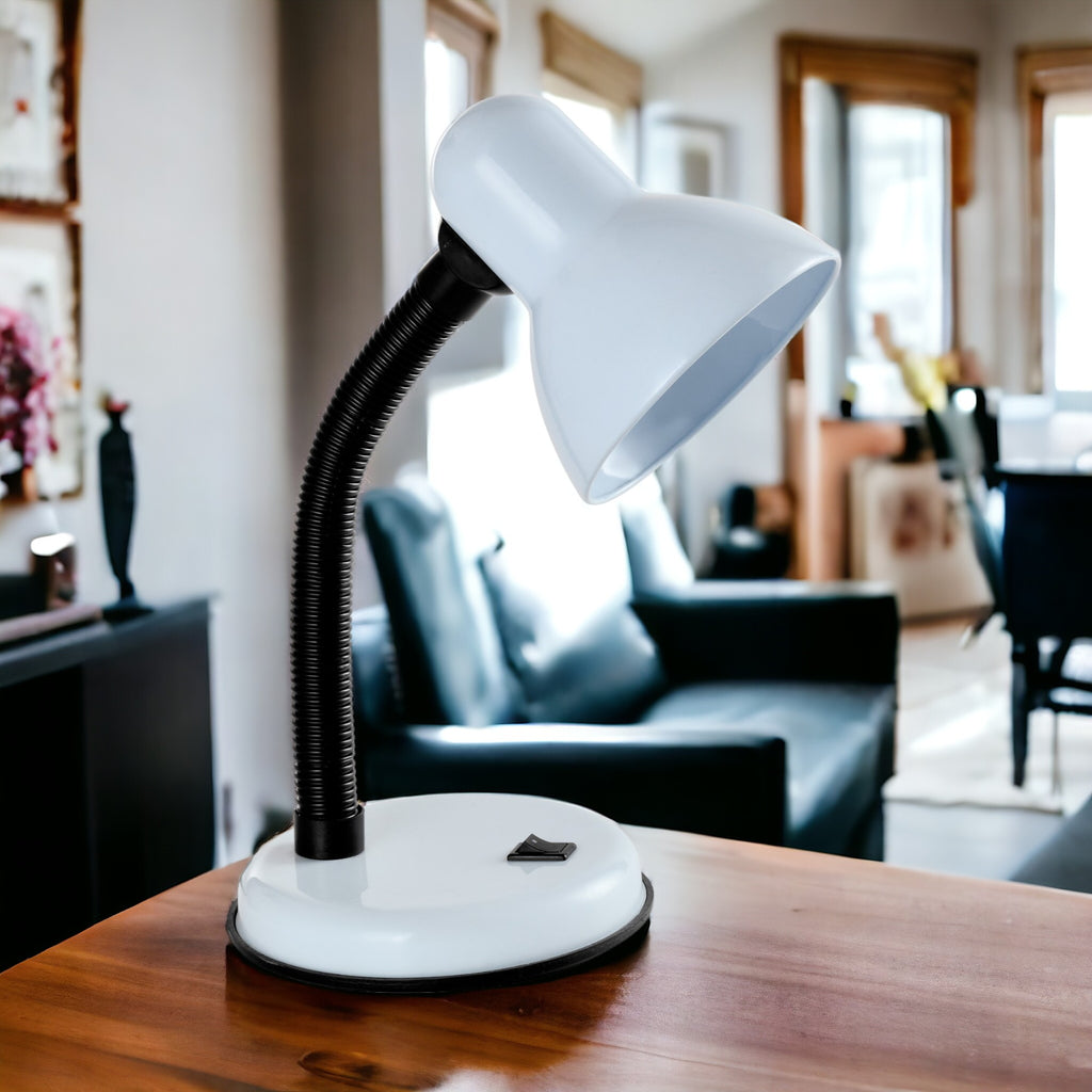 Classic Desk Lamp with a Versatile Flexible Neck, and Integral On/Off Switch, Mains UK Plug, Height 31cm, Ideal for Offices, Desks, and Bedside Lamps – [Energy Class A] (White)