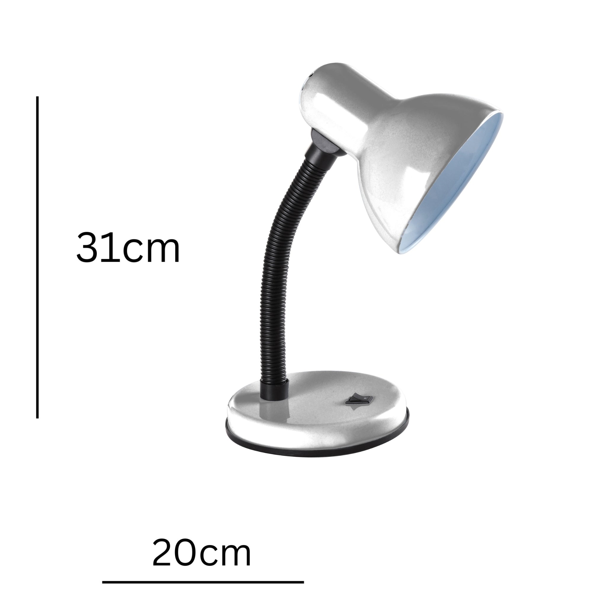 Classic Desk Lamp with a Versatile Flexible Neck, and Integral On/Off Switch, Mains UK Plug, Height 31cm, Ideal for Offices, Desks, and Bedside Lamps – [Energy Class A] (Silver)