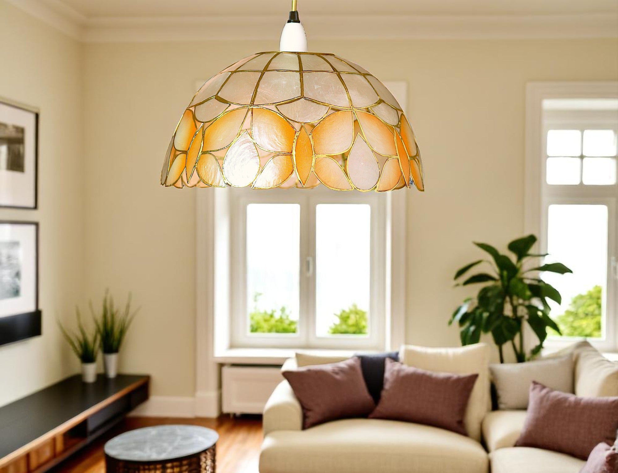 Capiz Shell Pendant Lampshade – Handcrafted Champagne Wild Butterfly Design, 30cm Diameter