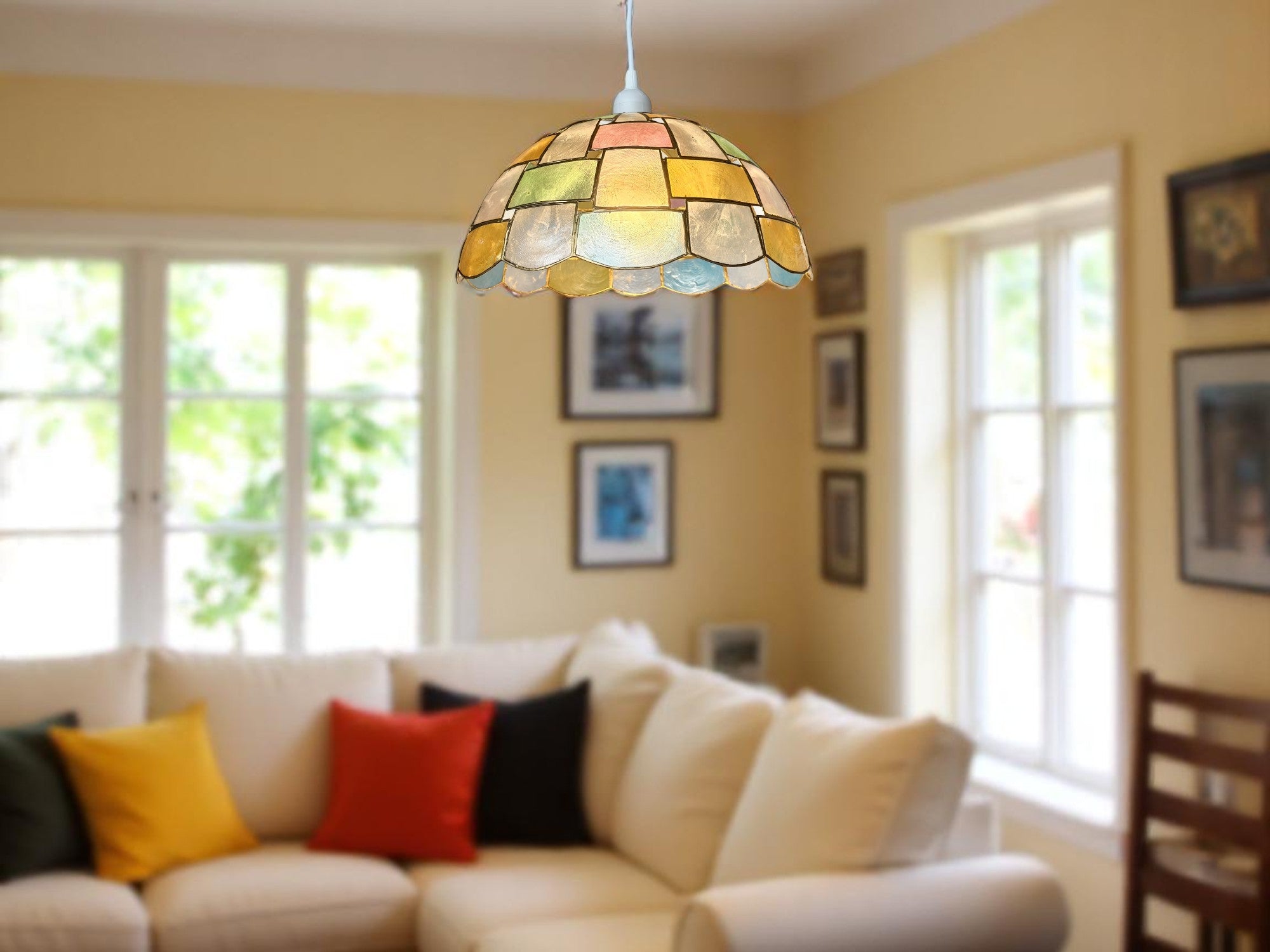 Capiz Shell Pendant Lampshade – Handcrafted Floral Ceiling Light Shade, 30cm, Vintage Style, Multi-Colour