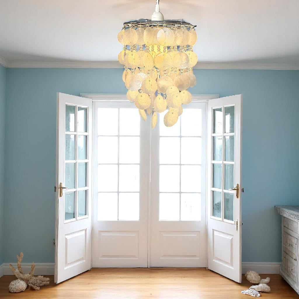 Shell Pendant Lampshade, 25 x 30 cm, Natural Capiz with Crystal Beads