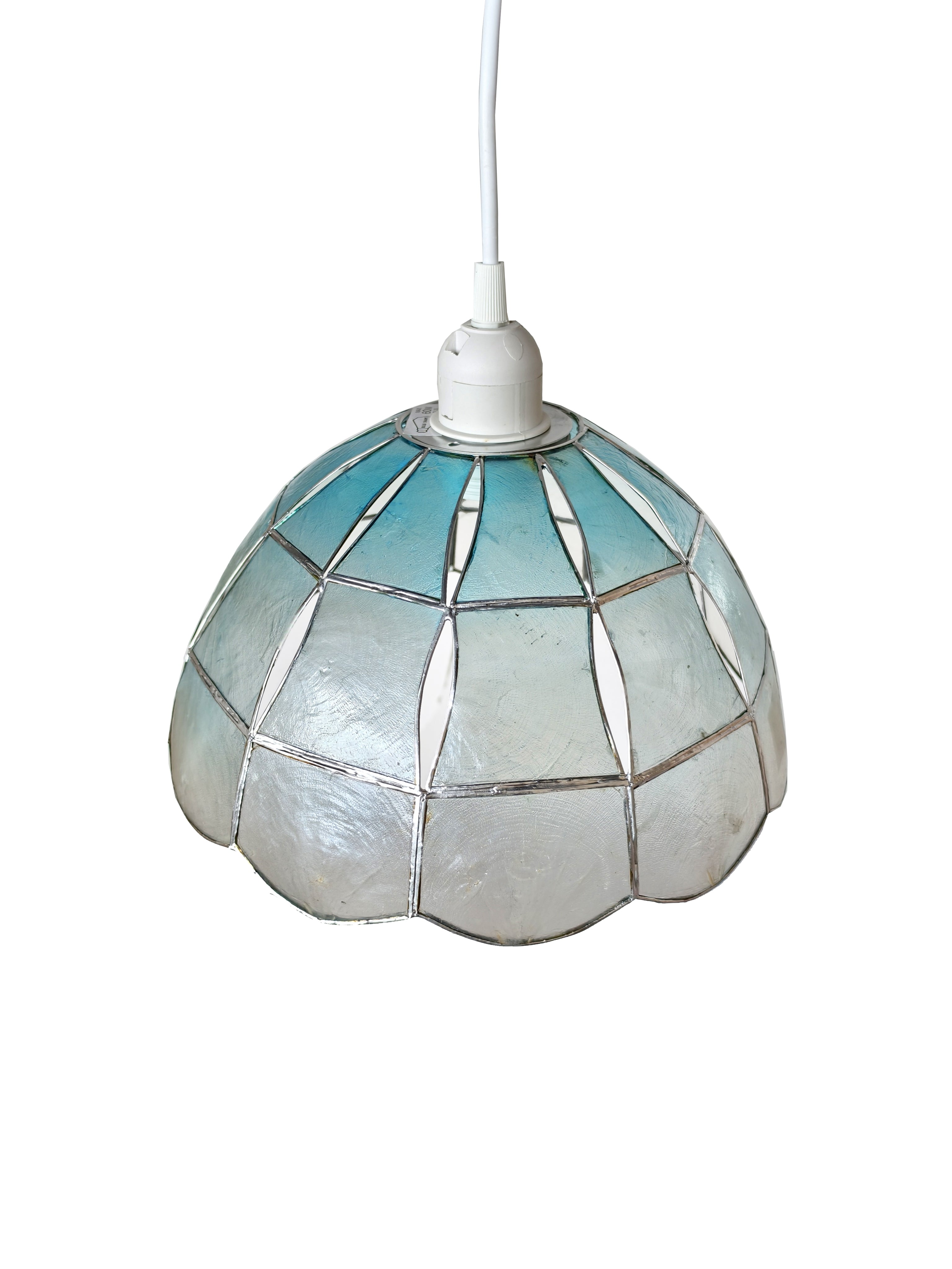 Capiz Shell Pendant Lampshade, 26 cm Diameter, Natural-Blue with Silver Edge, Easy Fit Ceiling Light